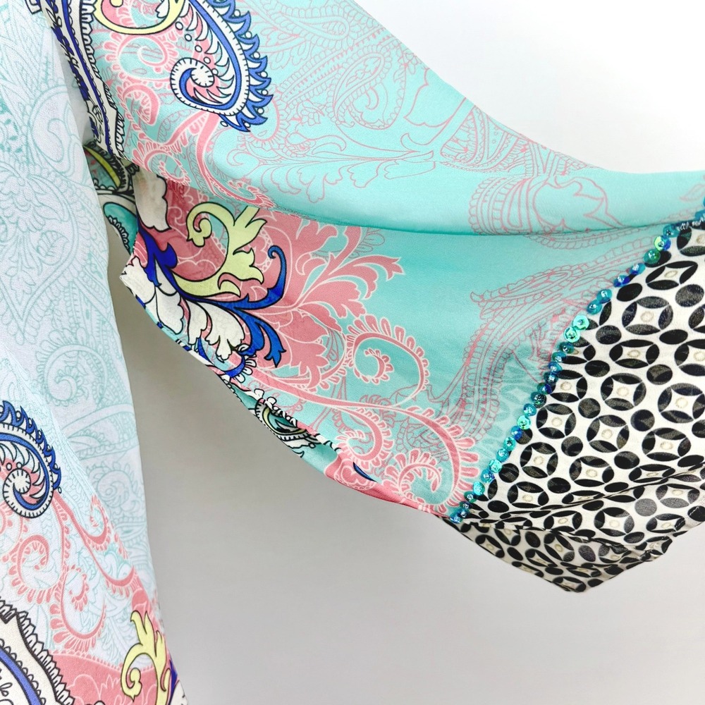 Soft Surroundings Womens S M Sheer Kimono Blue Paisley Sequin Sleeve Boho Duster - Picture 5 of 9
